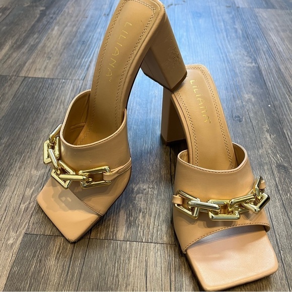 Women’s Chain Slip On Chunky Heels Shoes Sandals Tan Size 8 - Picture 9 of 13